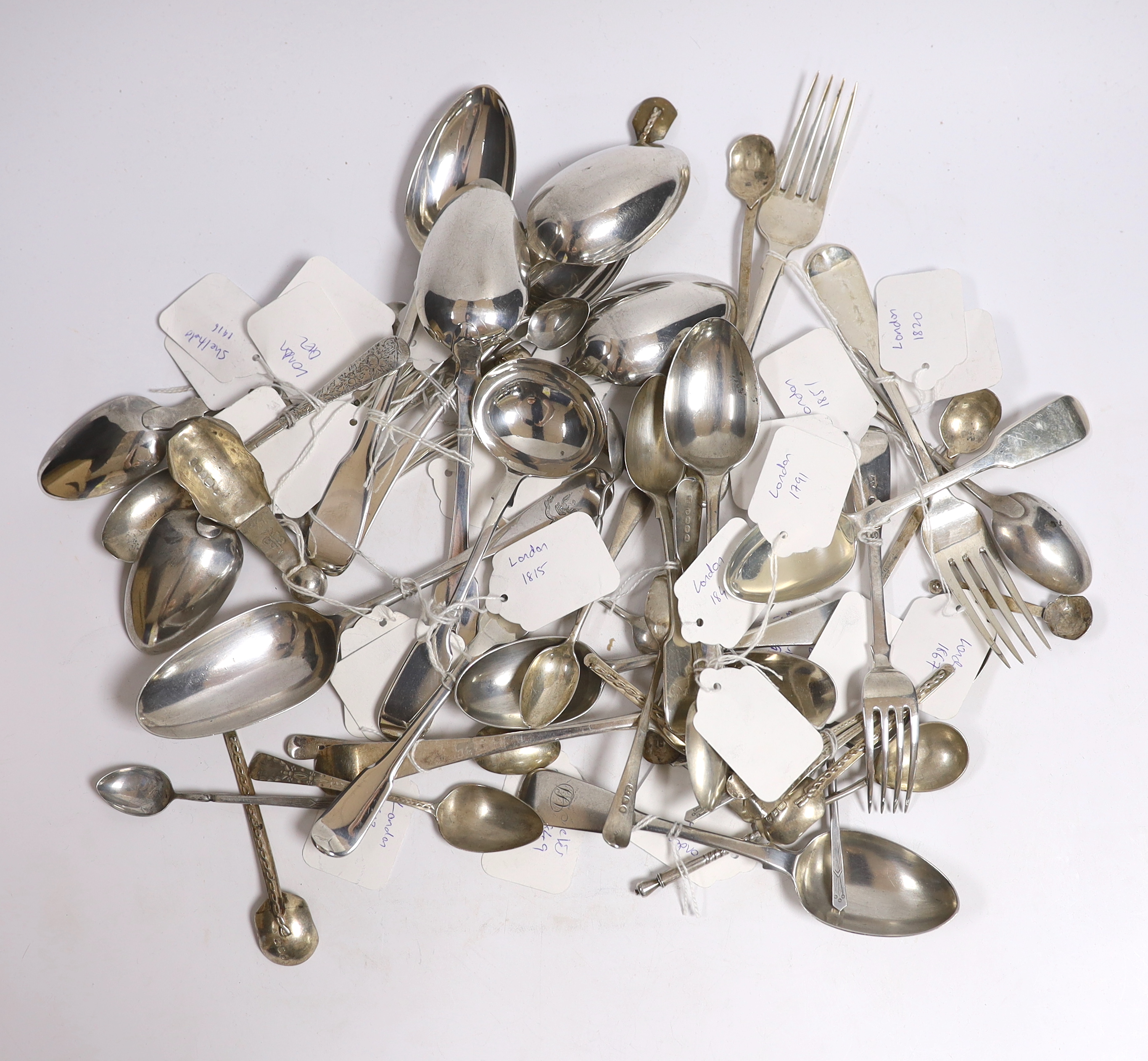 A quantity of assorted 19th century and later silver flatware, various dates, patterns and makers, including five 1970's Arts & Crafts small spoons and a Russian 84 zolotnik and niello spoon